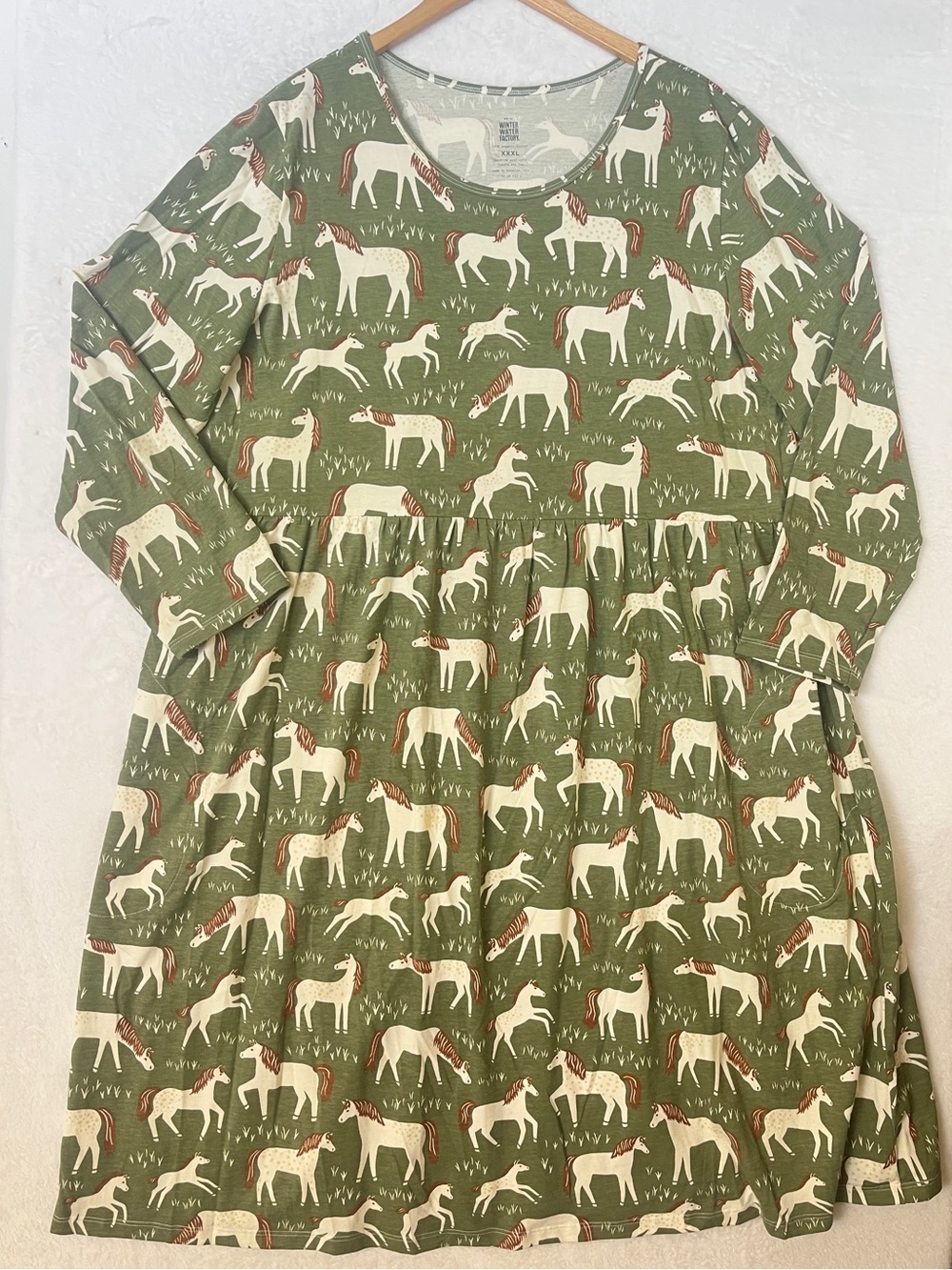 Winter Water Factory Green Horse 3/4 Sleeve Calgary Dress Organic Cotton Sz XXXL